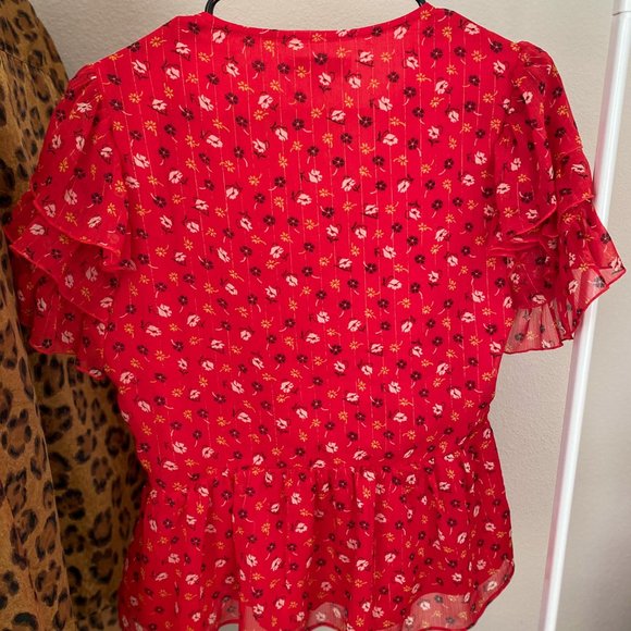 Madewell Red Floral Print Blouse / Tiered-Sleeve Peplum Top - Picture 7 of 7